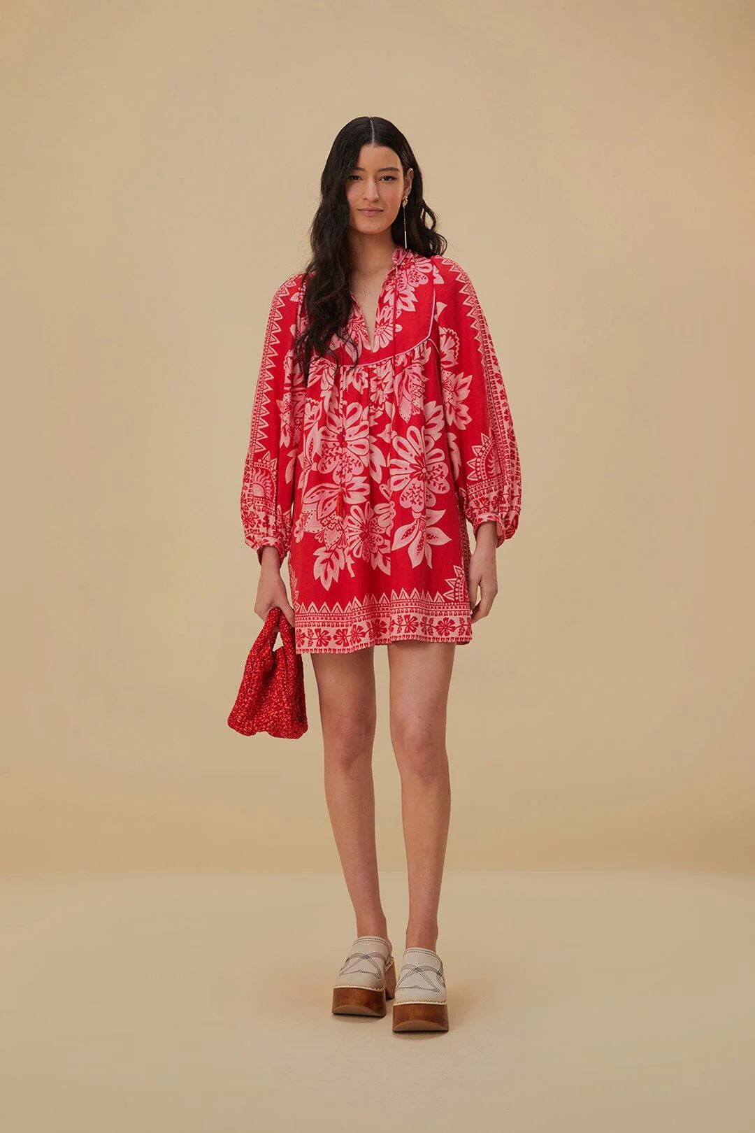 Flora Tapestry Red Long Sleeve Mini Dress | FarmRio