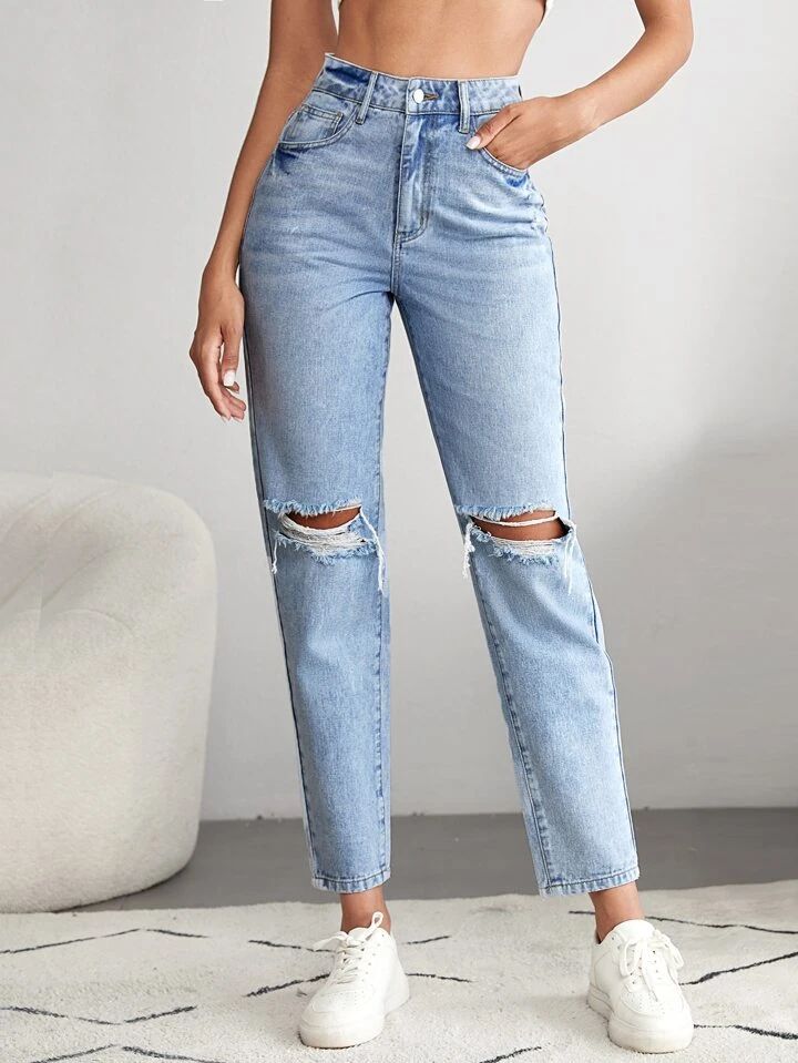 SHEIN Tall High Waist Ripped Mom Fit Jeans | SHEIN
