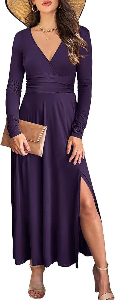HDLTE Women Long Sleeve Long Maxi Dress Deep V Neck Casual 2024 Fall Formal Wedding Guest Empire ... | Amazon (US)