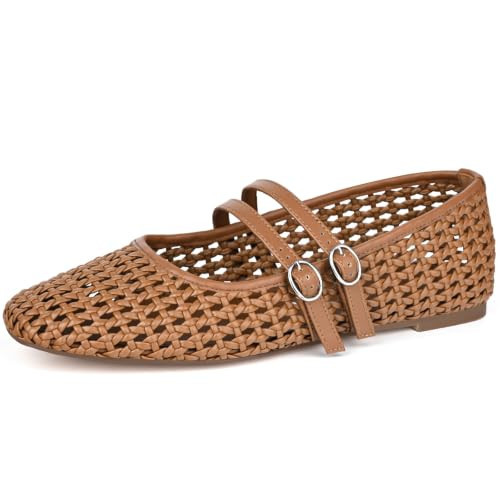 SOEEHU Woven Mary Jane Flats Women Square Toe Ballet Shoe,Brown Woven,10.5 | Amazon (US)