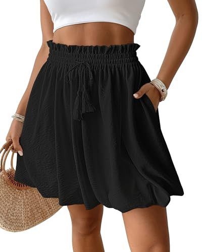 Bsubseach Women's Bubble Skirt Puffy Balloon Skorts with Pockets Ruffle Flared Mini Skort Casual Skirt for Women Trendy Black XL | Amazon (US)