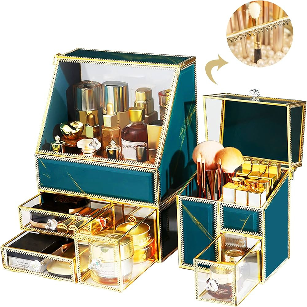 Makeup organizer 3 Pieces Luxury Vintage Emerald Green Tempered Glass Series Dust Waterproof Cosmeti | Amazon (US)