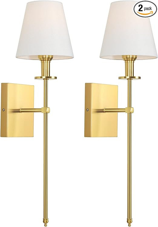 Set of 2 Gold Slim Wall Sconces with White Lampshade, Plug in or Hardwired Indoor Wall Light, Rus... | Amazon (US)