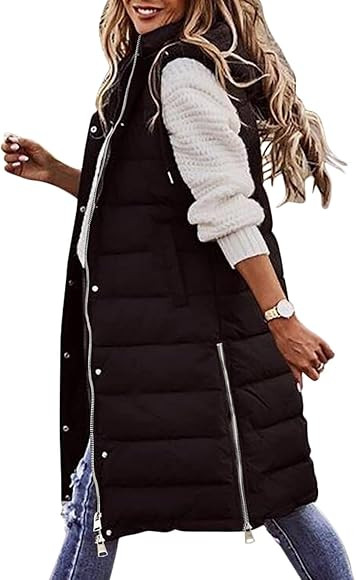 Womens Long Vest Black Long Puffer Vest Coat Hooded Sleeveless Pockets Quilted Vest Outdoor Jacke... | Amazon (CA)