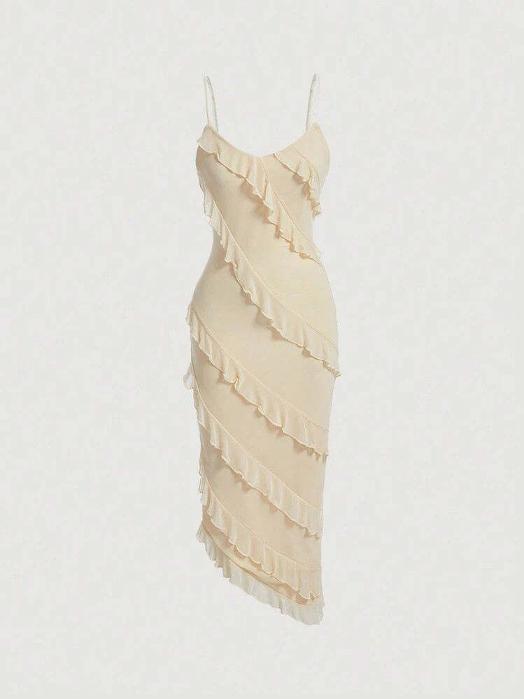 SHEIN MOD Women's Ruffle Trim Asymmetrical Hem Spaghetti Strap Dress | SHEIN