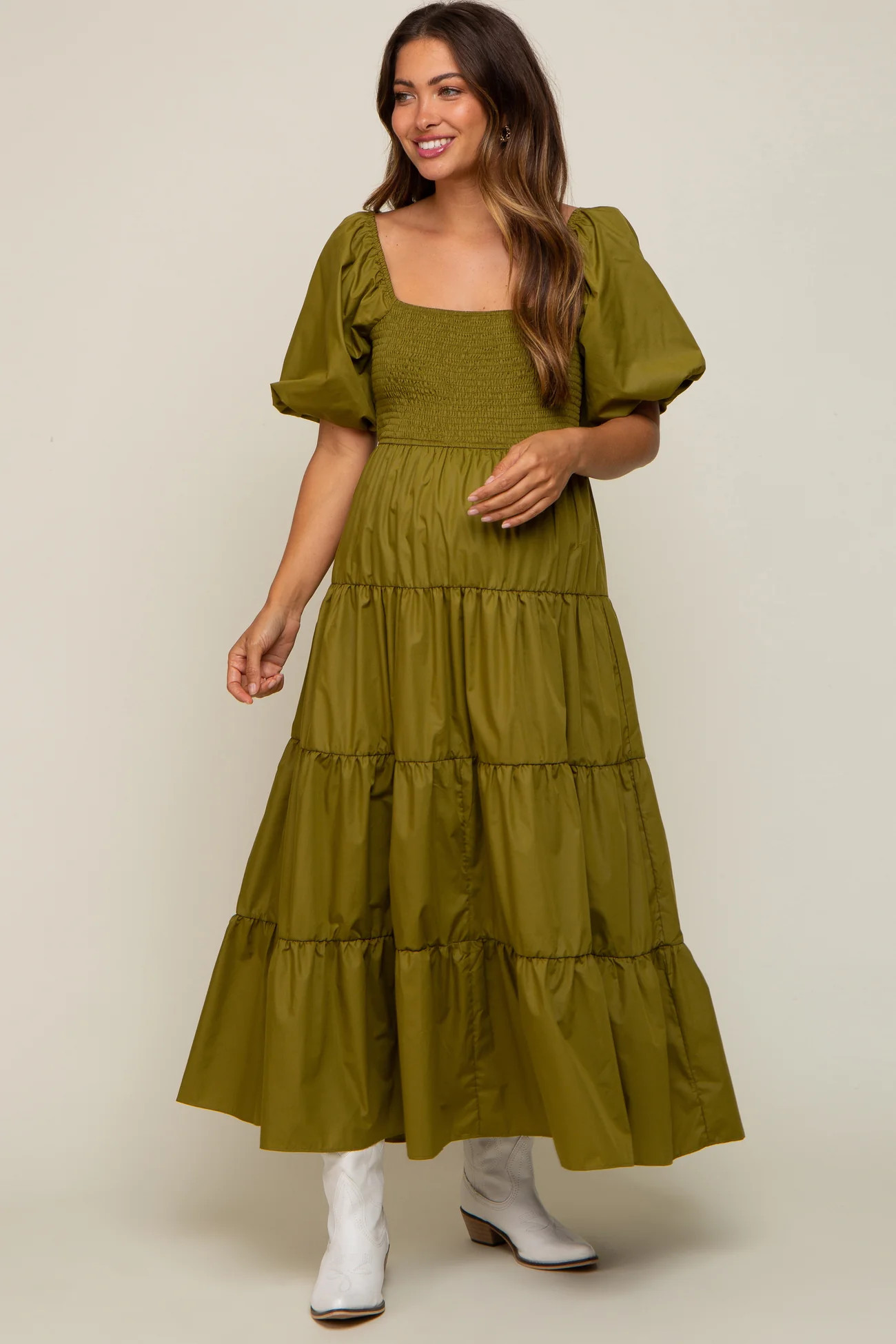 Light Olive Square Neck Smocked Puff Short Sleeve Tiered Maternity Midi Dress | PinkBlush Maternity