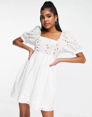 ASOS DESIGN broderie mini smock dress with shirred back in white | ASOS (Global)