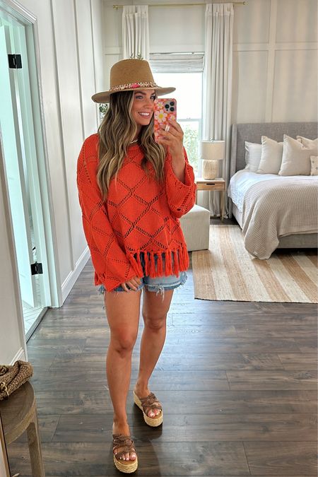 This outfit screams I’m on vacation and I LOVE it for that!!! This sweater is more of a coral color in person, which makes it even cuter! 

Code BrittH20 gets 20% off entire outfit 

Crochet sweater, resort wear, vacation outfit, seashell hat, denim shorts, spring outfit, pink lily 