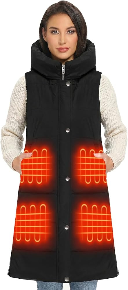 Women’s Long Heated Hooded Vest Water-Repellent Puffer Jacket, Zipper & Snap Closure, 18400mAh ... | Amazon (US)