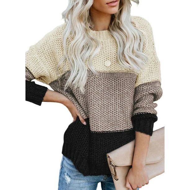 Happy Sailed Womens Striped Color Block Sweater Tops Long Sleeve Ribbed Knit Pullover Sweaters Ca... | Walmart (US)