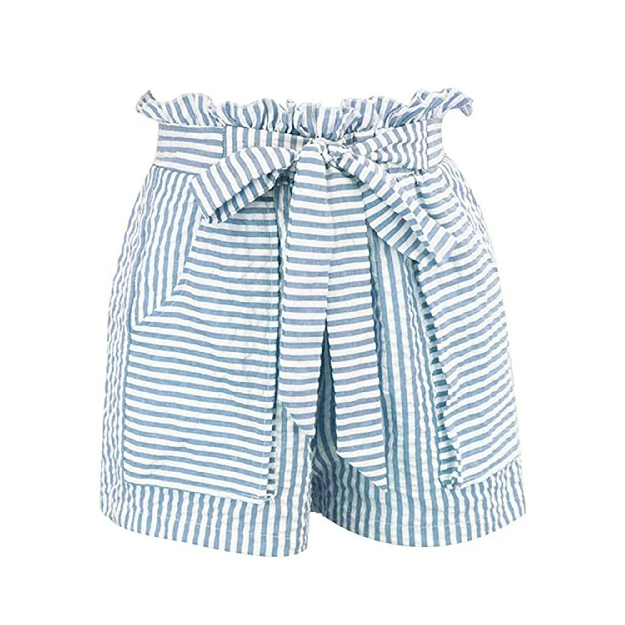 Nlife Women Stripe Drawstring Ruffle Elastic Waistband Pockets Shorts | Walmart (US)