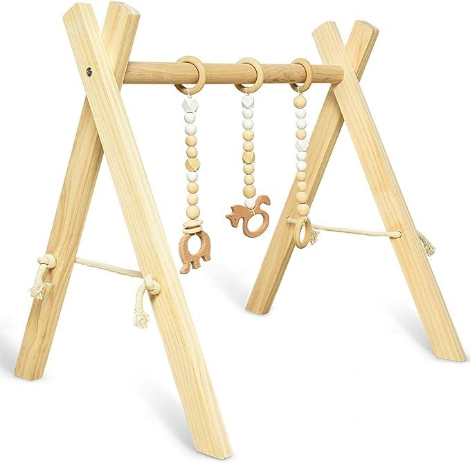 Rocinha Wooden Baby Gym with 3 Wooden Baby Teething Toys Foldable Baby Play Gym Frame Baby Wood A... | Amazon (US)