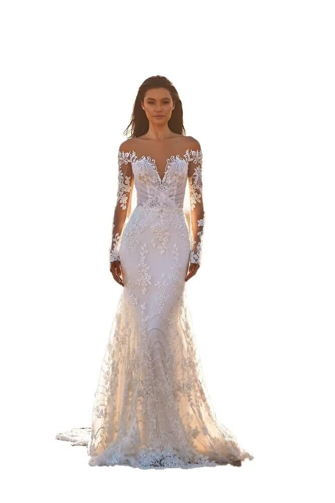 Deep V Neck Wedding Dresses for Women Long Mermaid Long Sleeve Lace Wedding Gownswith Train Appli... | Amazon (US)