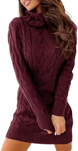 Langwyqu Womens Cable Knit Sweater Dress Sexy Long Sleeve Bodycon Turtleneck Mini Fall Sweaters D... | Amazon (US)