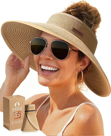 FURTALK Sun Hats for Women Wide Brim Beach Hat Straw Visor Ponytail Summer UV Packable Foldable B... | Amazon (US)