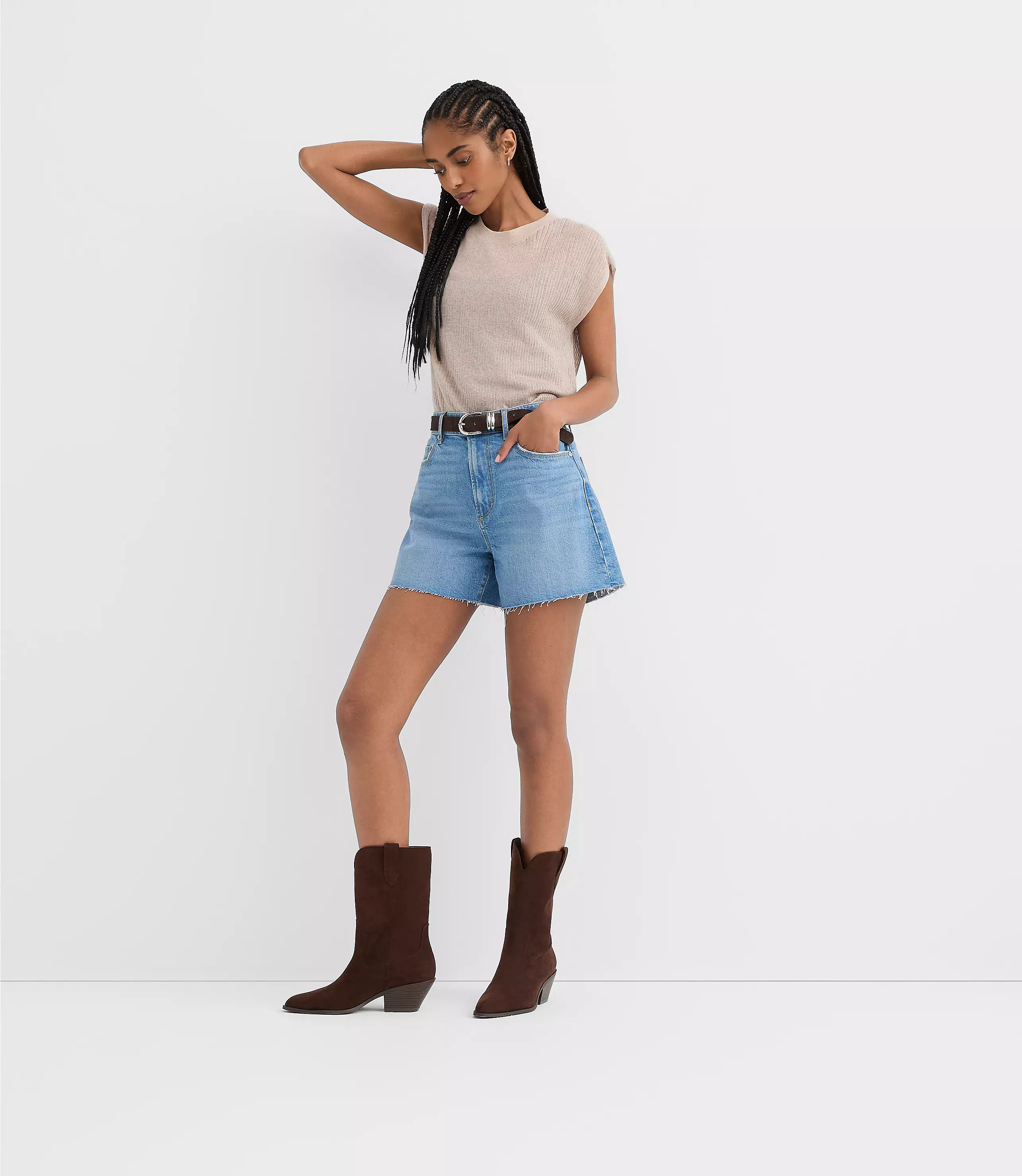 Rivete High Rise Cut Off Denim Shorts in Mid Wash | LOFT