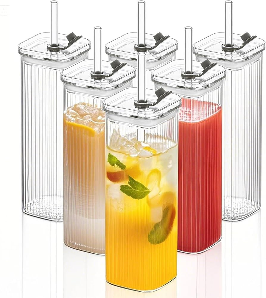 KEMORELA 6 Sets Glass Cups with Lids & Straws, Square Ribbed Drinking Glasses with Lids, Clear Hi... | Amazon (US)