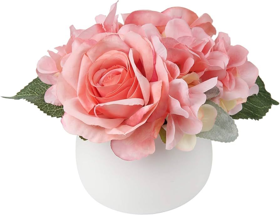 Artificial Potted Flower Shabby Shic Decoration Fake Flowers Roses Hydrangeas Arrangements with C... | Amazon (US)