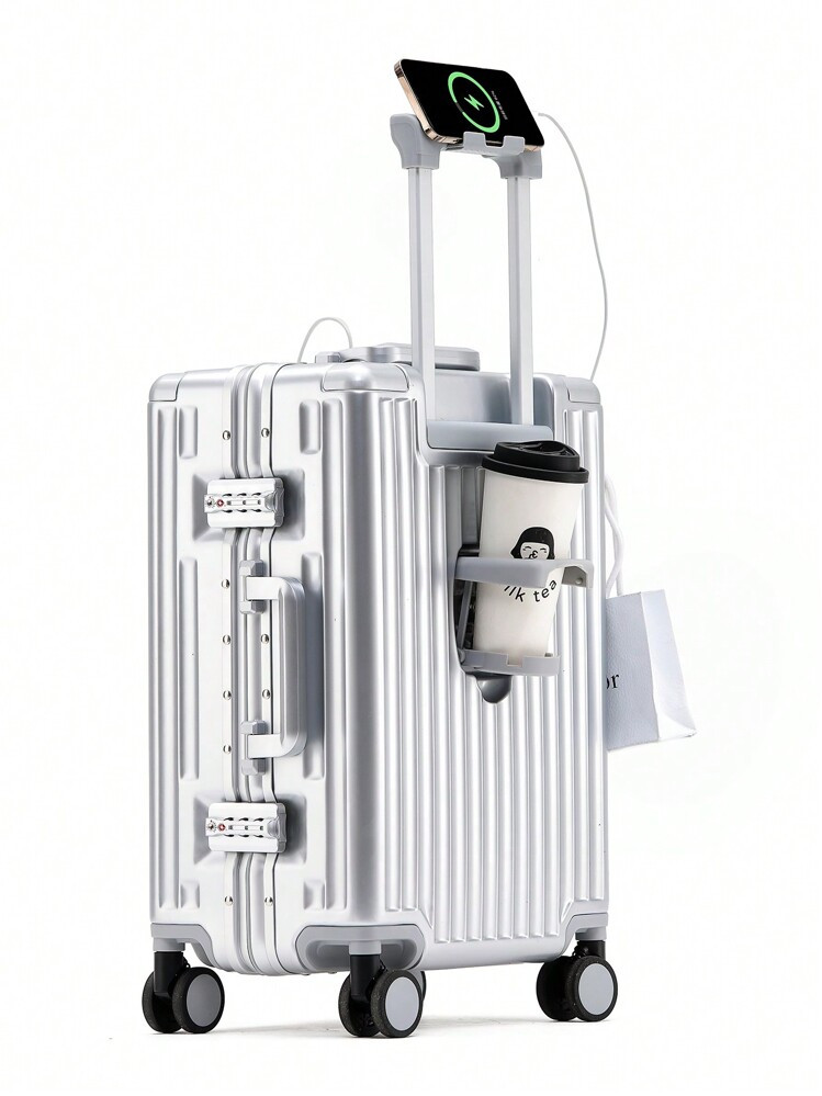 1pc 20-Inch High-Capacity Luggage With Water Cup Holder, Hook, 4 Universal Wheels, TSA Password Lock, Computer Pocket, Aluminum Alloy Frame, Suitable For Business Travel, School, Unisex, Ideal Gift For Travelers USB Port Cup Holder Suitcase Hand Luggage Carry On Suitcase Trip Holiday Honeymoon Vacation Study Abroad Graduation Holiday Essentials Travel Accessories Ideal Choice For Gifts Men Women Boys Girls Student Couple Cruise Essentials For Dorm Room Dorm Essentials For College For School Travel Suitcase SuitcasesSuit Case Carry On | SHEIN