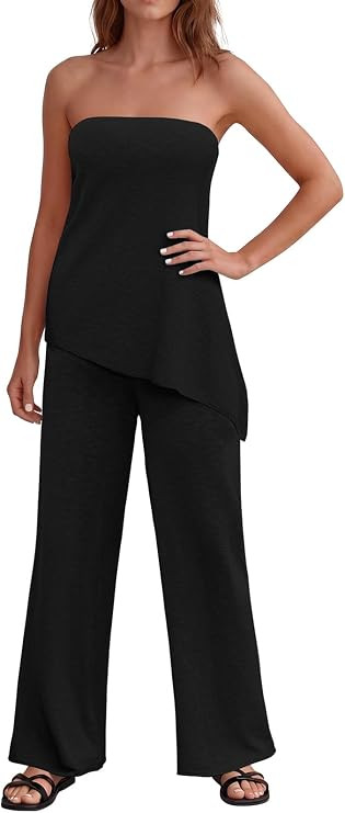 2 Piece Sets for Women Summer Knit Tube Top and Wide Leg Pants Outfits Vacation Travel Matching S... | Amazon (US)