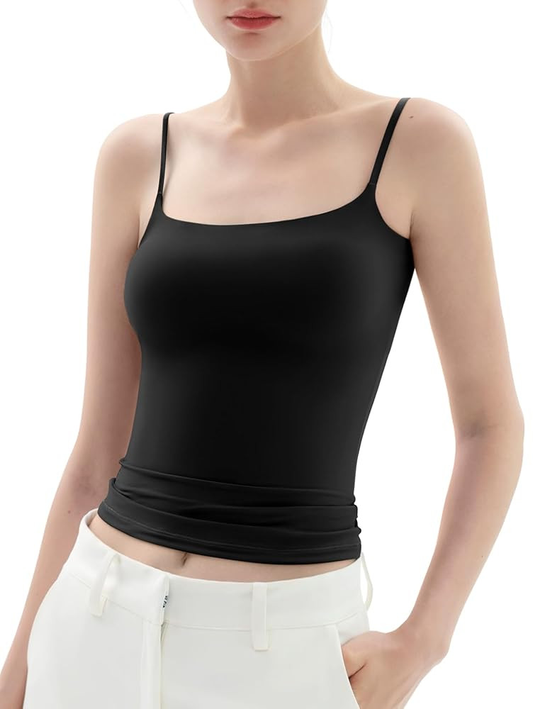 PUMIEY Women's Square Neck Tank Top Adjustable Spaghetti Straps Sleeveless Basic Tops Sharp Colle... | Amazon (US)