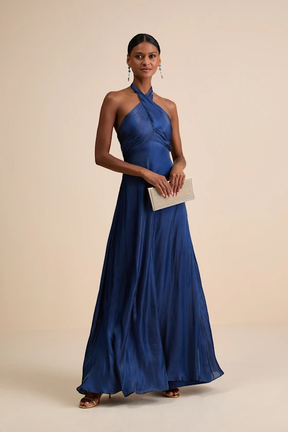 Canley Blue Satin Cross-Front Halter Maxi Dress | Lulus
