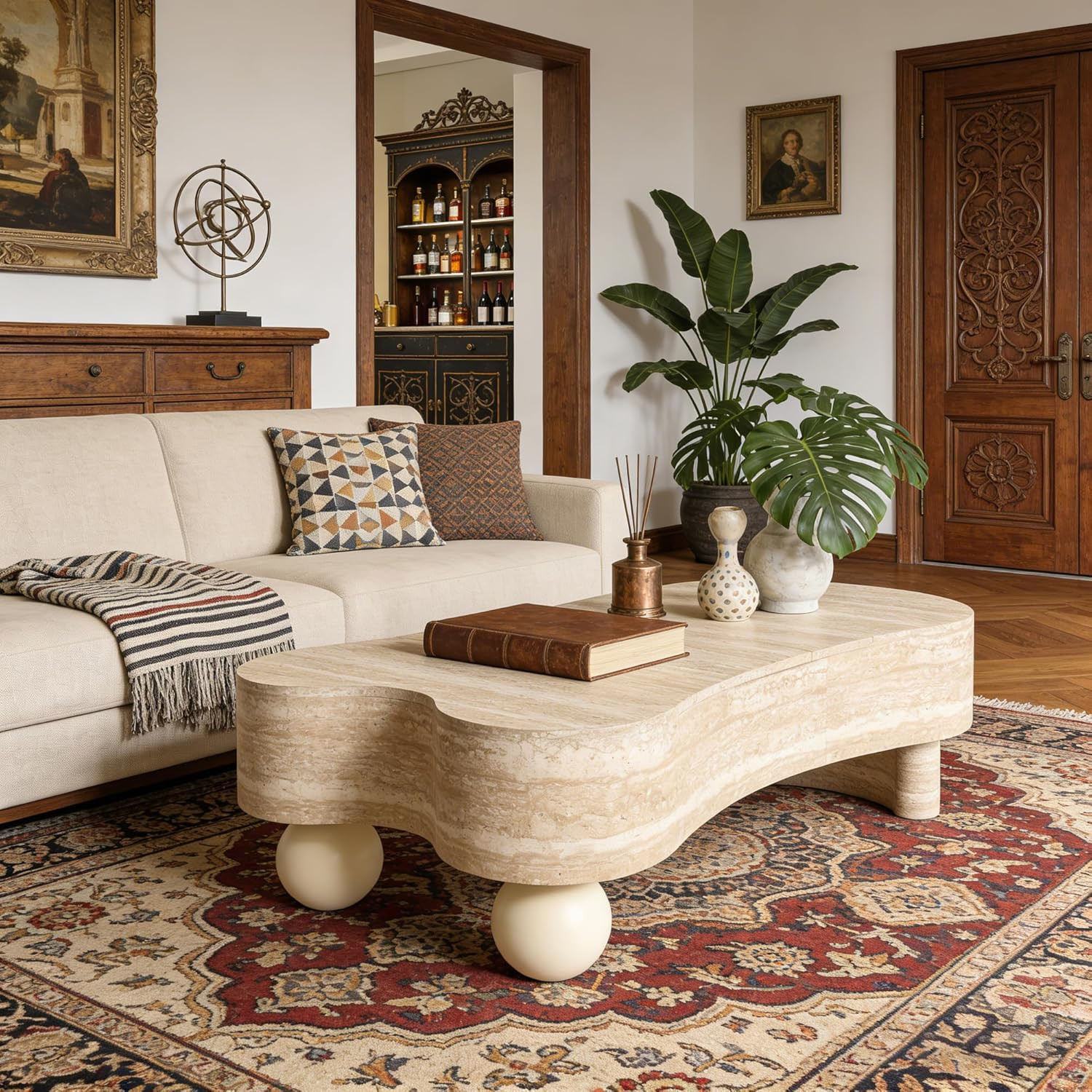 47 inch Beige Faux Marble Coffee Table with Storage, Unique Cloud Center Table with Flip Top, Hidden Storage Compartment & Spherical Base, Modern Coffee Table for Living Room Apartment Home Decor | Amazon (US)