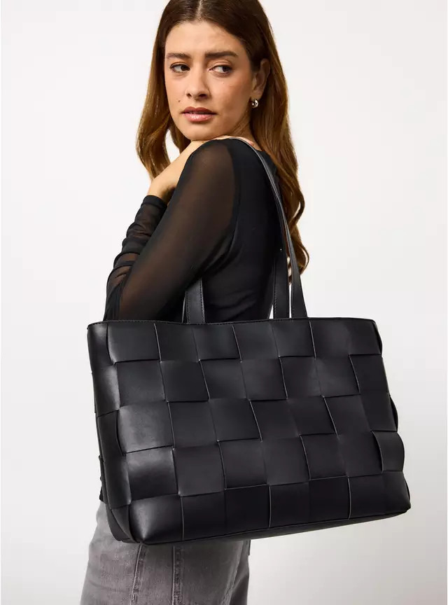 Black Faux Leather Weave Detail Shopper Bag One Size | Tu Clothing