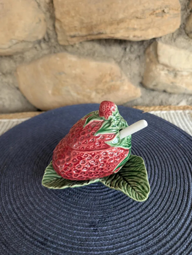 Vintage Bordallo Pinheiro Strawberry Jam Jar with Spoon – Majolica Strawberry Covered Dish on L... | Etsy (US)