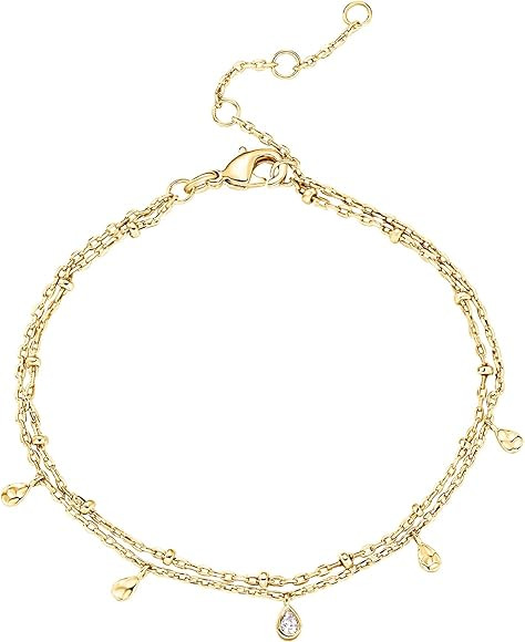 PAVOI 14K Gold Plated Beaded/Cuban/Cubic Zirconia Station Chain Adjustable Bracelet for Women | Amazon (US)