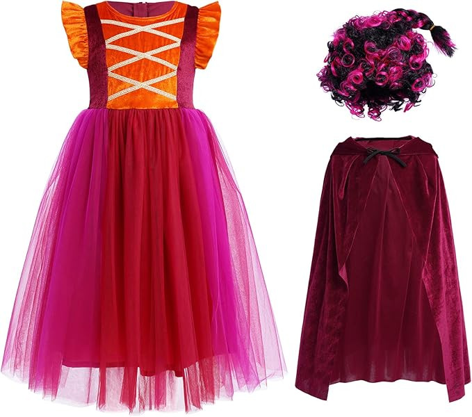 AWIBMK Girls Witch Costume for Kids with Cape & Wigs Halloween Witch Sisters Cosplay Fancy Dress ... | Amazon (US)