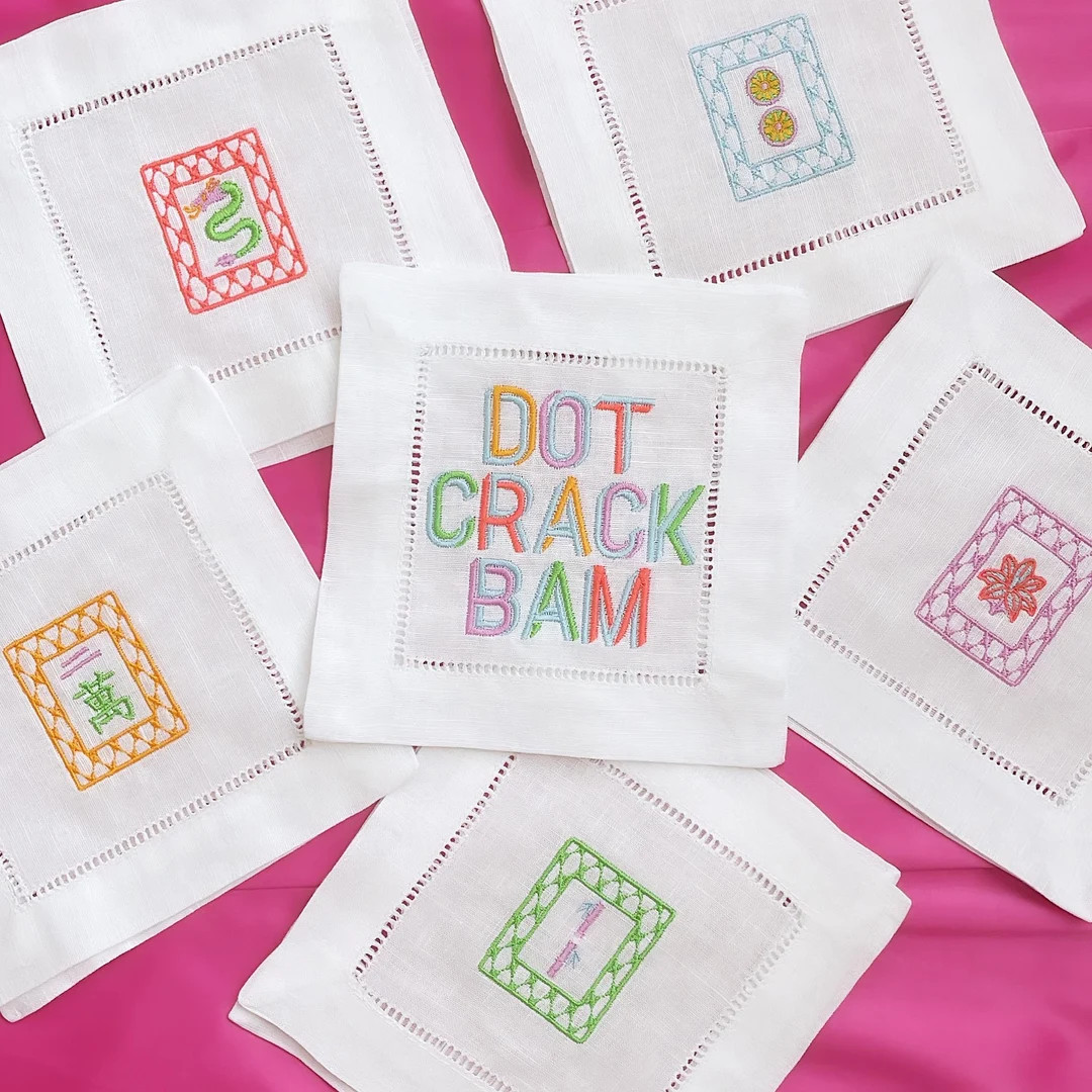 Embroidered Mahjong Tiles Cocktail Napkins Set of 6, Linen Cotton Blend, Party, Hostess Gift, Gra... | Etsy (US)