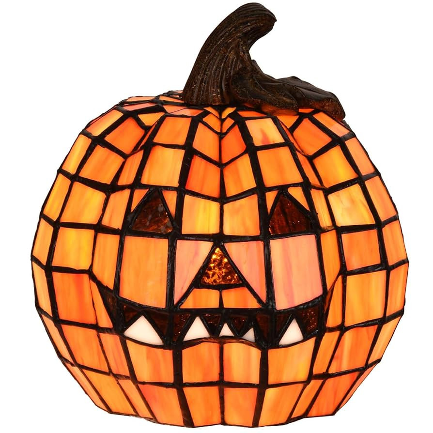 Bieye L10927 Carved Pumpkin Tiffany Style Stained Glass Accent Table Lamp for Halloween Decor | Amazon (US)