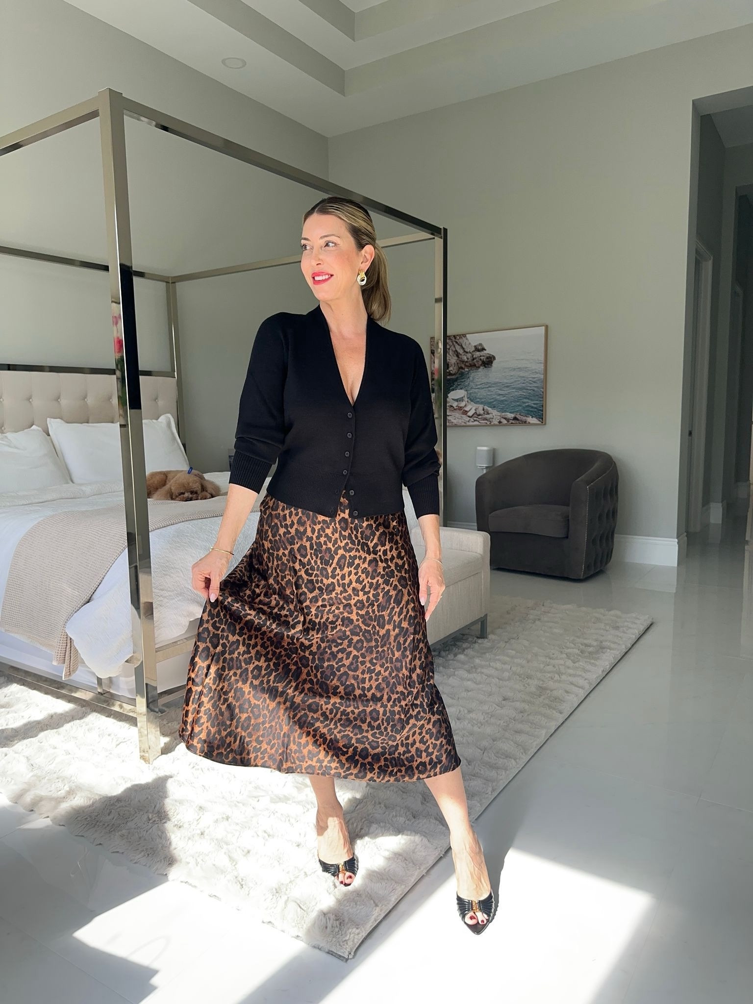 Elegant outfit for fall! This satin midi skirt is so beautiful. Wearing size 4. 

Fall outfit, elegant outfit, skirt