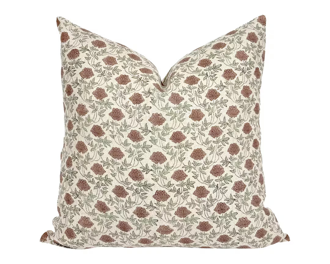 GRETTA | Designer Brown Green Floral Linen Pillow Cover, Block Print Pillow, Brown Floral Pillow,... | Etsy (US)