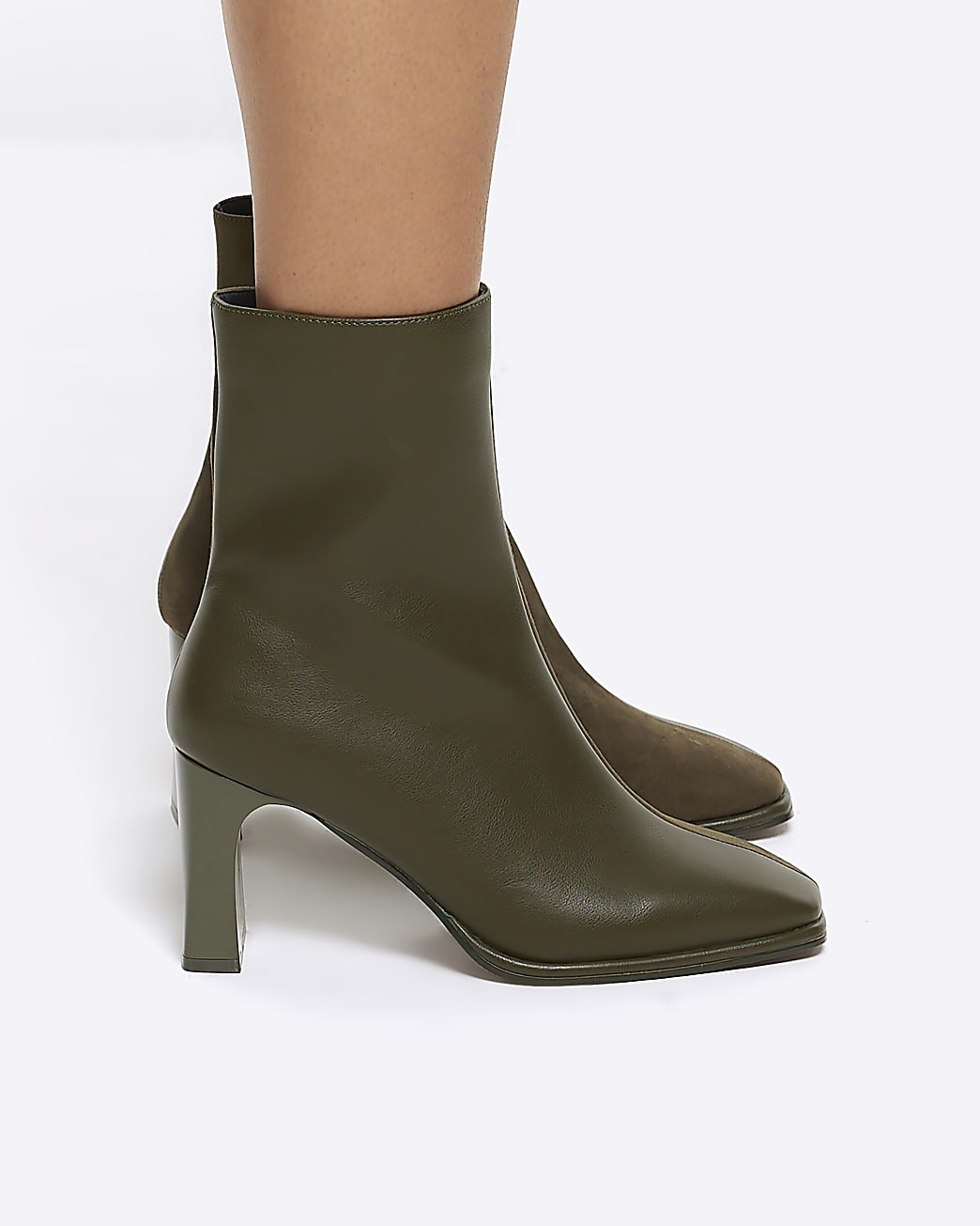 Khaki two tone square toe heeled ankle boots | River Island (UK & IE)
