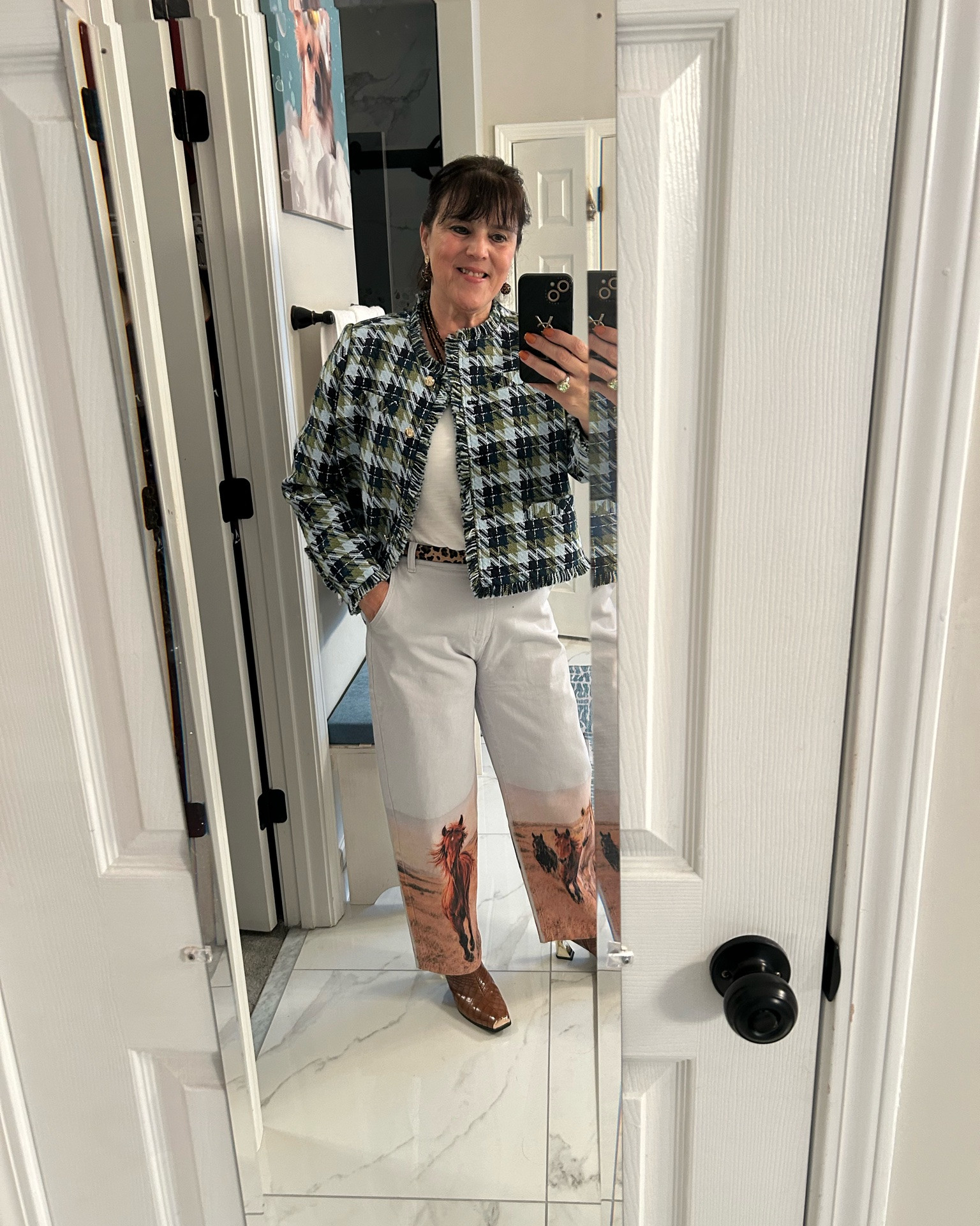 Jacket from Walmart?? Such a cute classic!! 🖤 And those horse-print pants from the Willow Tree boutique are a whole mood!! Always be confident 💋
#over50fashion #styleover50 #agelessfashion #midlifestyle

#LTKOver40 #LTKvlog #LTKgrwm