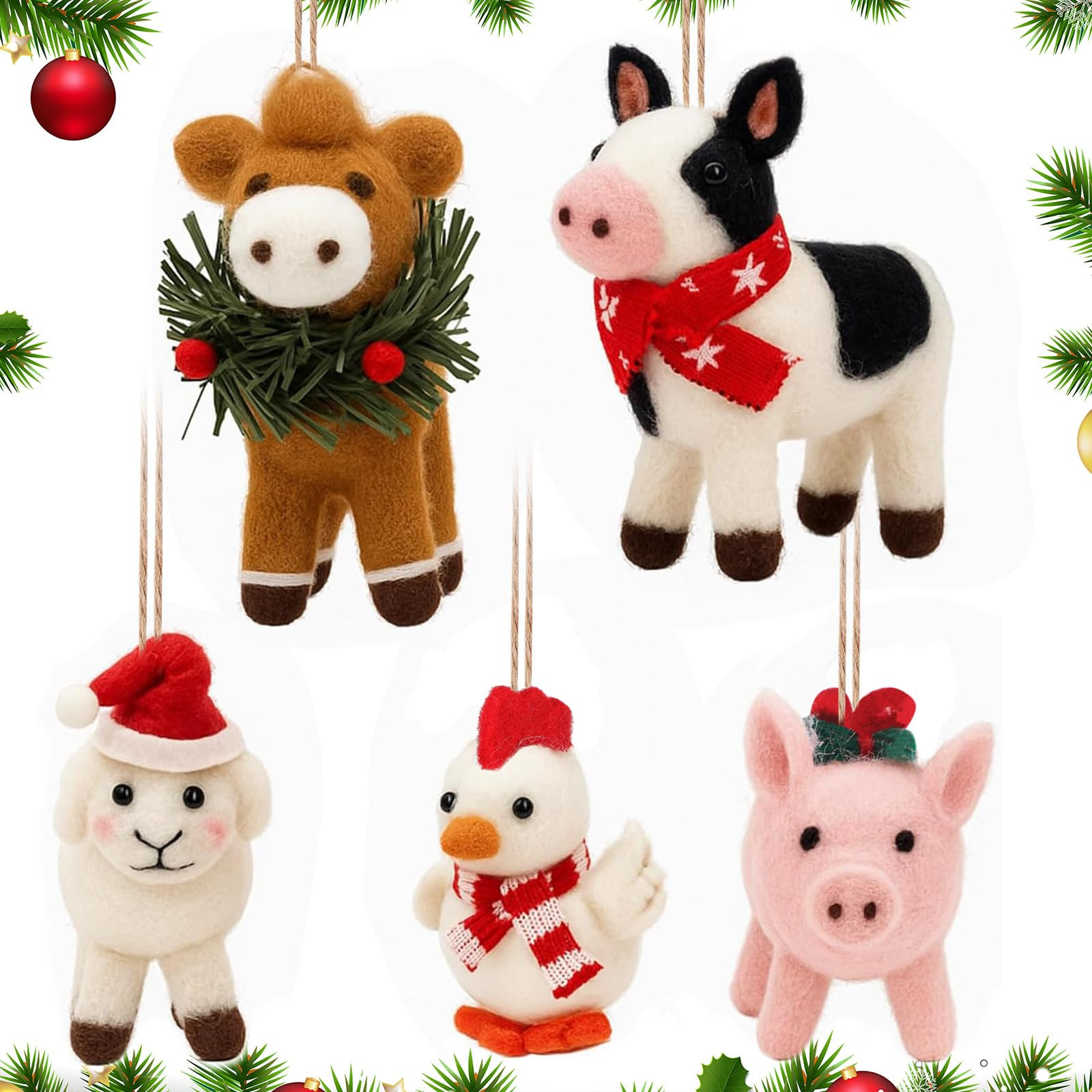Thyle 5 Pcs Christmas Wool Felt Animals Ornaments Set Christmas Wool Hanging Pig Cow Chicken Shee... | Amazon (US)