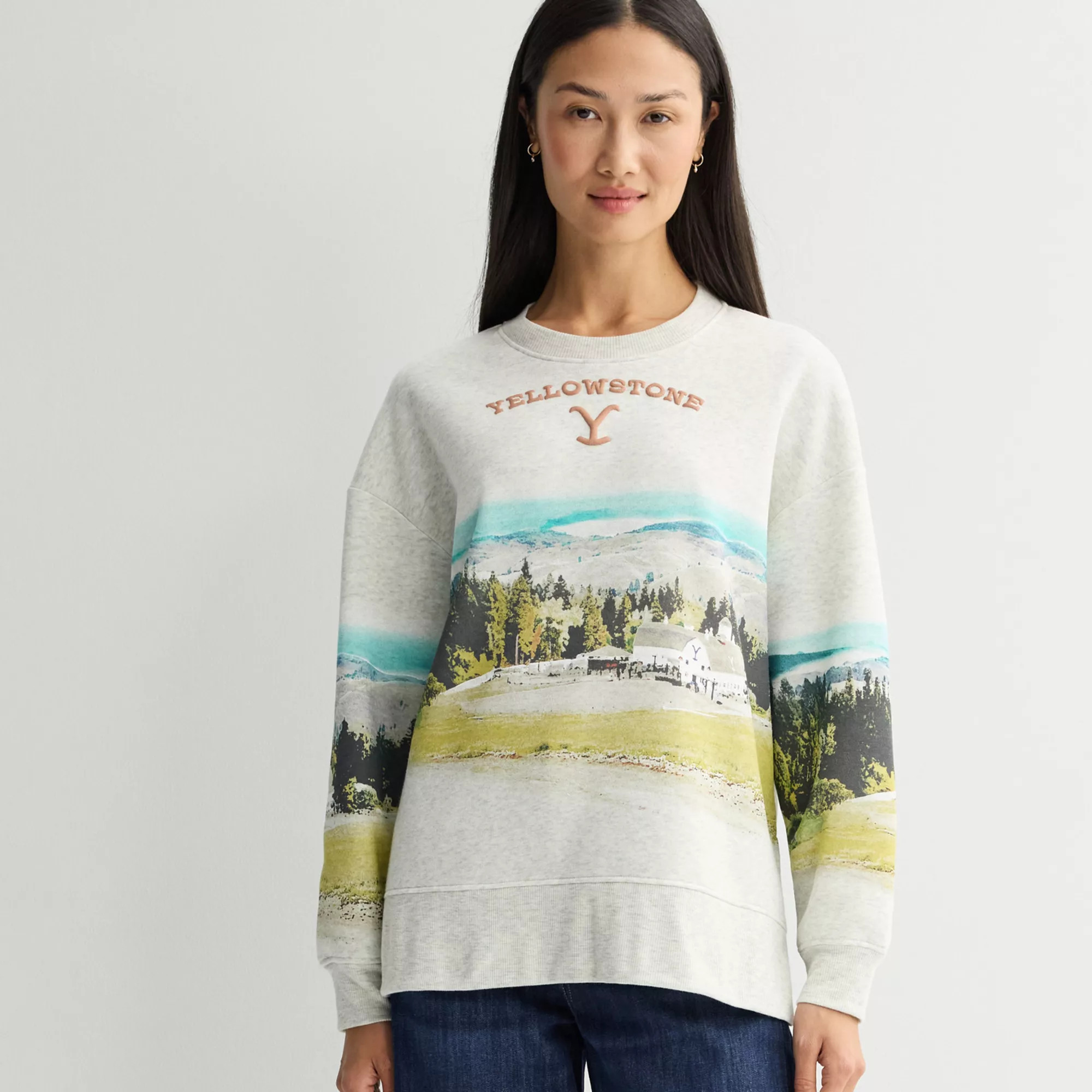 Women's Yellowstone Dutton Ranch Landscape Fleece Graphic Pullover, Size: Medium, Oatmeal | Kohl's