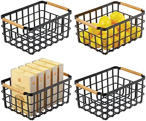 mDesign Metal Wire Food Organizer Storage Bin Basket with Bamboo Handles for Kitchen Cabinets/Pan... | Amazon (US)