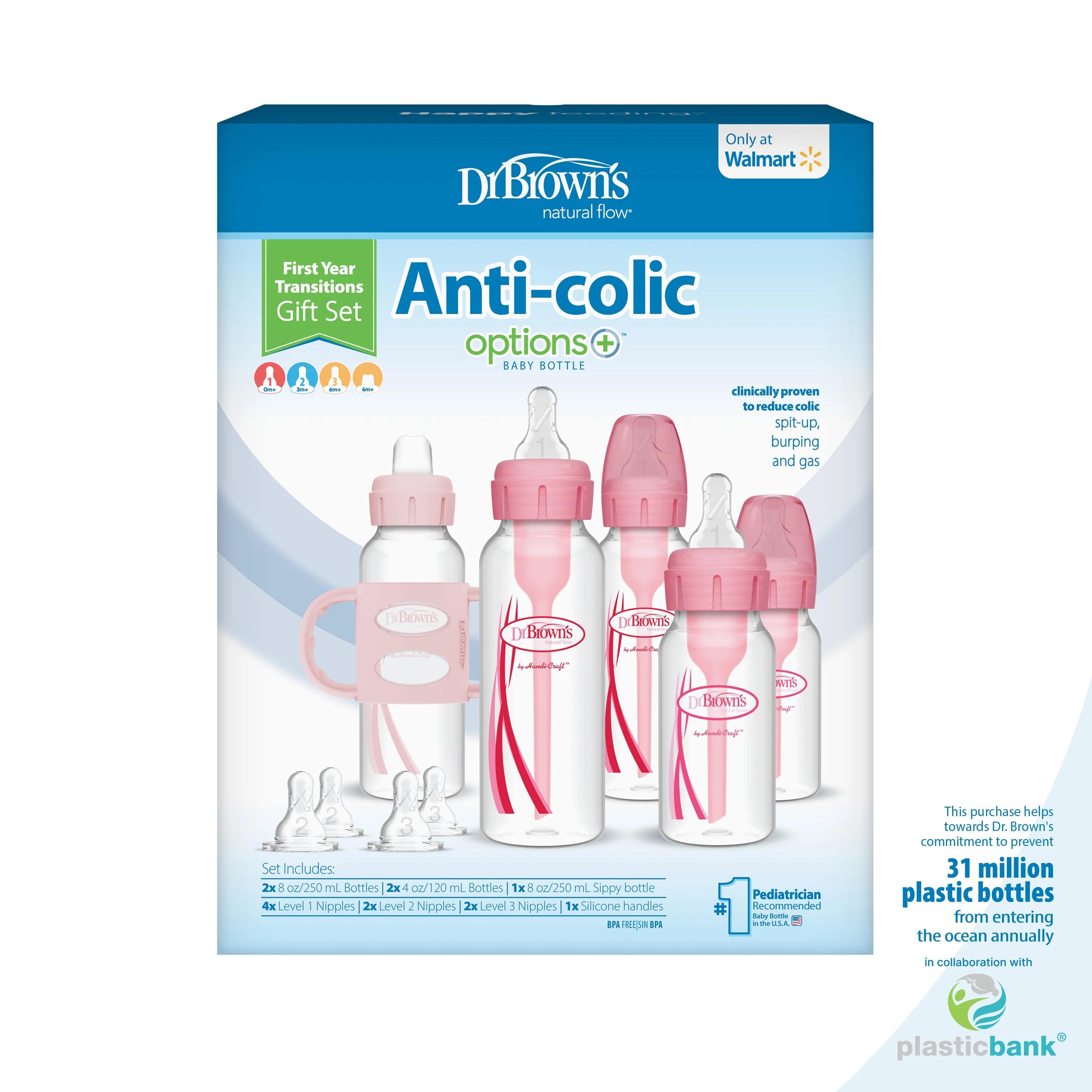 Dr. Brown's Natural Flow Anti-Colic Options+ First Year Baby Bottle Gift Set, Pink, 100% Silicone... | Walmart (US)