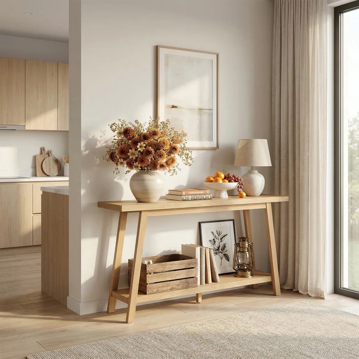 This 61-inch solid oak console table by Wrought Studio is such a beautiful blend of retro farmhouse and modern simplicity. The light wood finish instantly warms up any space, and the open shelving makes it easy to style with books, baskets, and decor. Paired with a ceramic lamp, framed art, and a vase of florals for that cozy, lived-in look that works perfectly in an entryway or living room. 

#LTKHome