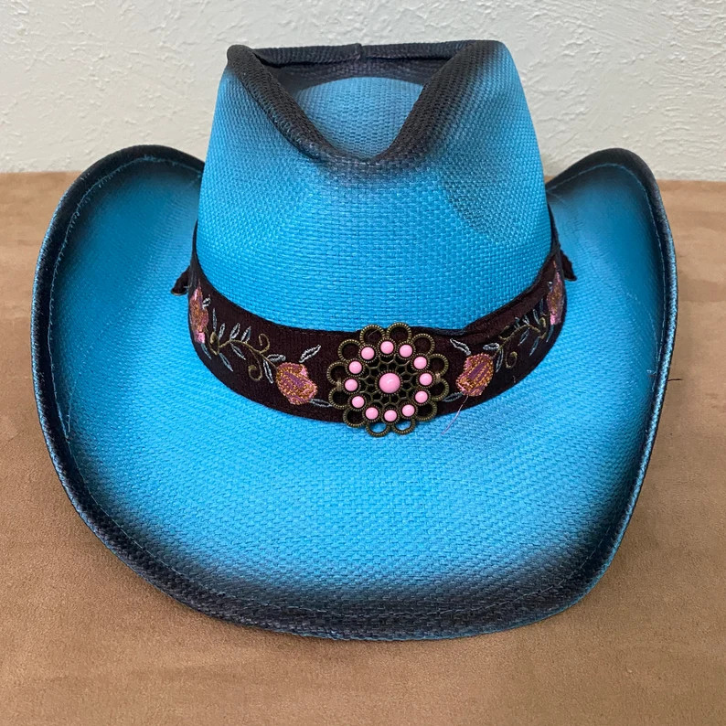 Straw Cowboy Hat With Beautiful Scroll Appliques on Each Side Brim & Matching Embroidered Hatband... | Etsy (Global)