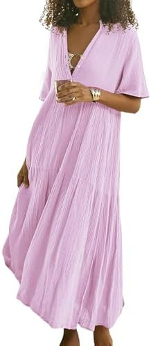 R.Vivimos Womens Summer Cotton Flowy Maxi Dress Short Sleeve V Neck Empire Waist Boho Tiered Ruff... | Amazon (US)