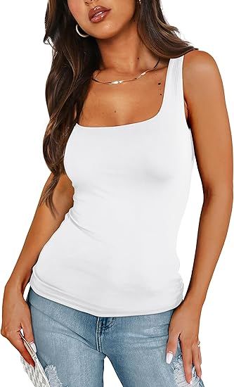 XIEERDUO Womens Square Neck Fitted Tank Tops Double Layer Seamless Slim Fit Shirts 2024 Basic Spr... | Amazon (US)