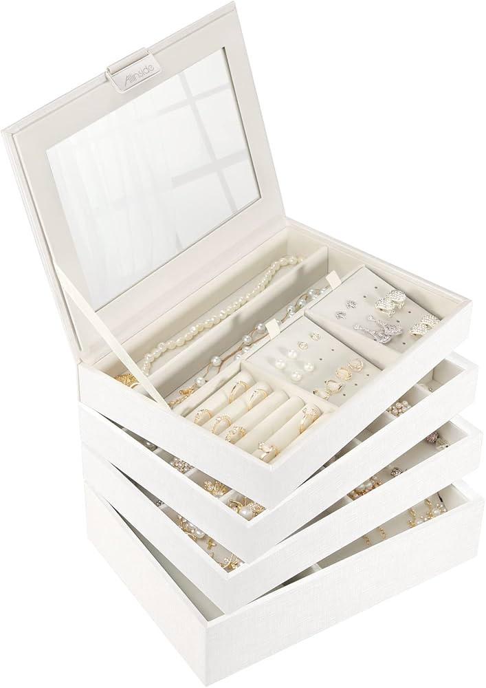 Allinside Stackable Jewelry Tray Box Sets Organizer with Mirror Lid, PU Leather Jewelry Storage D... | Amazon (US)