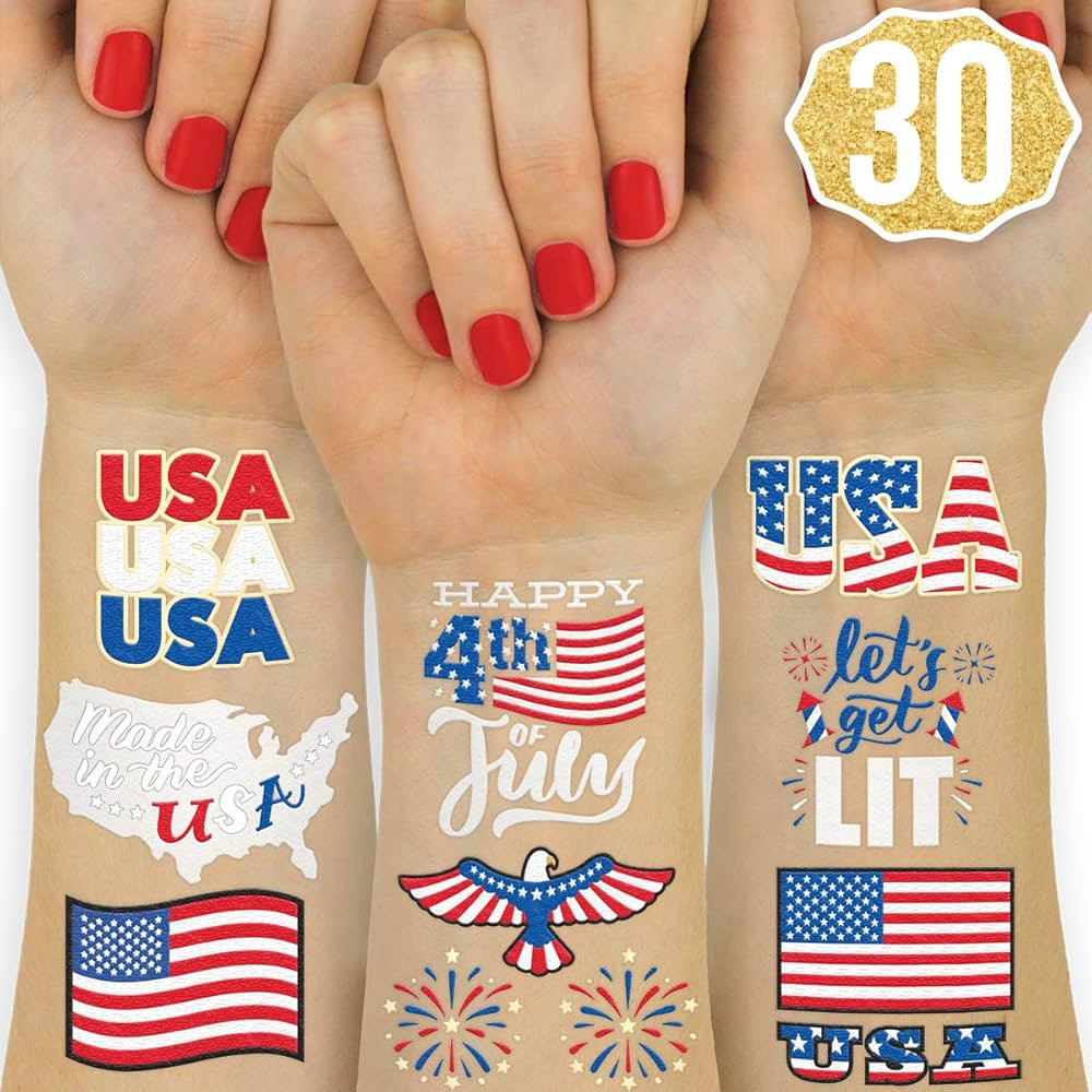 xo, Fetti Fourth of July Decorations Temporary Tattoos - 30 styles | America, Red White and Blue ... | Amazon (US)