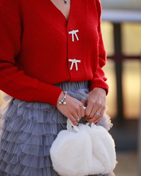 Red Cardigan Grey Tulle Maxi Skirt White Fur Mini Bag Festive Outfit Party Outfit Christmas Outfit Occasion Outfit Fall Winter Outfit Petite Outfit

#LTKGiftGuide #LTKstyletip #LTKeurope
