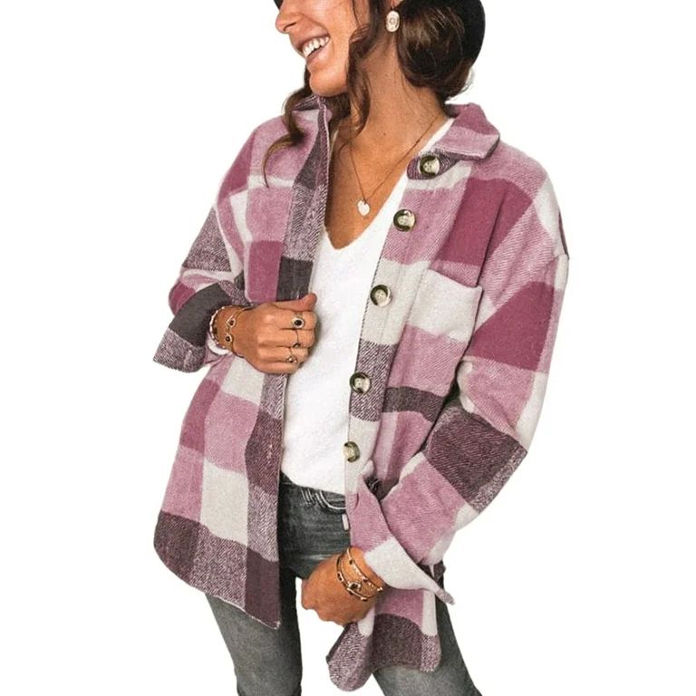 Rosfancy Women Plaid Shirt Jacket Shacket Long Sleeve Button Down Collar Oversized Coat Casual, S... | Walmart (US)