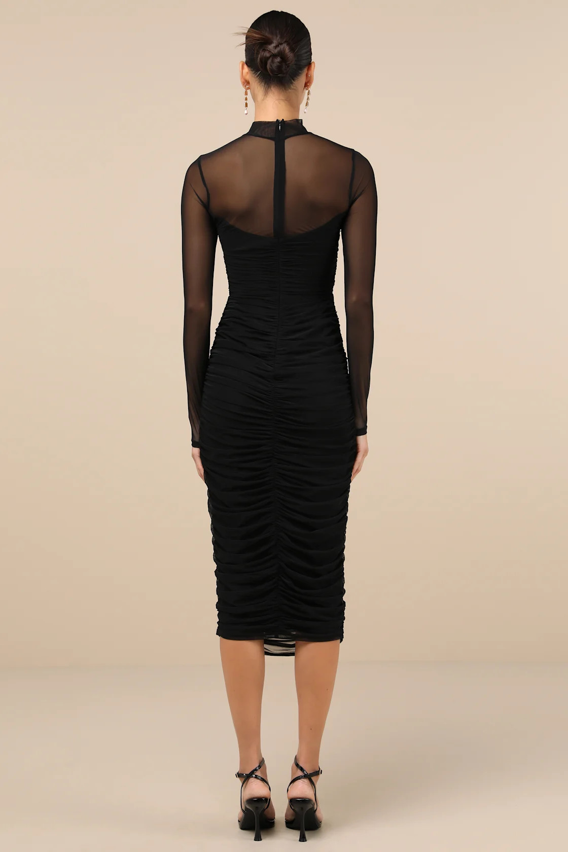 Impressive Flirt Black Mesh Ruched Mock Neck Midi Dress | Lulus